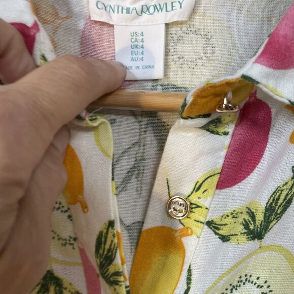 Cynthia Rowley MIDI Dress Fruit Print Linen Blend Sundress Belted Sz 4 Lemons - Picture 3 of 6